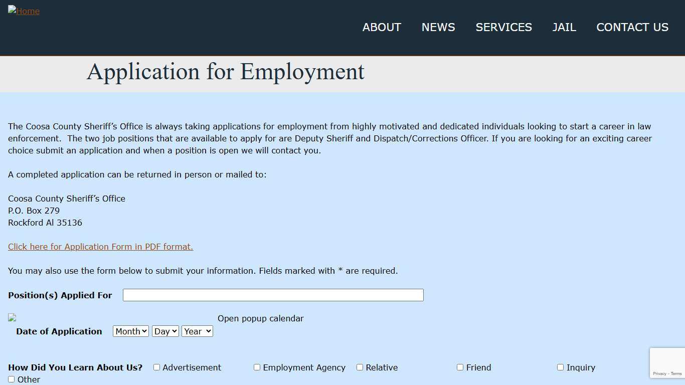 Application for Employment Coosa County Sheriff, Alabama
